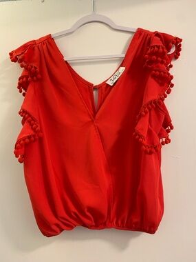 Vava by Joy Han Red Pom-Pom Ruffle V-Neck Top